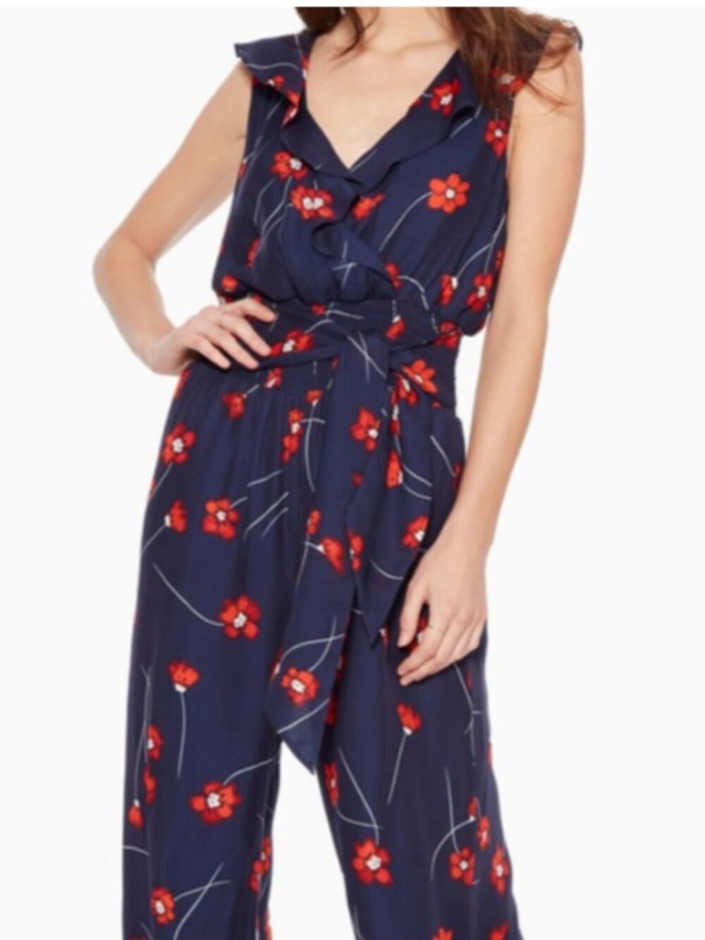 Parker Elara Silk Sleeveless Poppy-Print Jumpsuit - Navy & Red